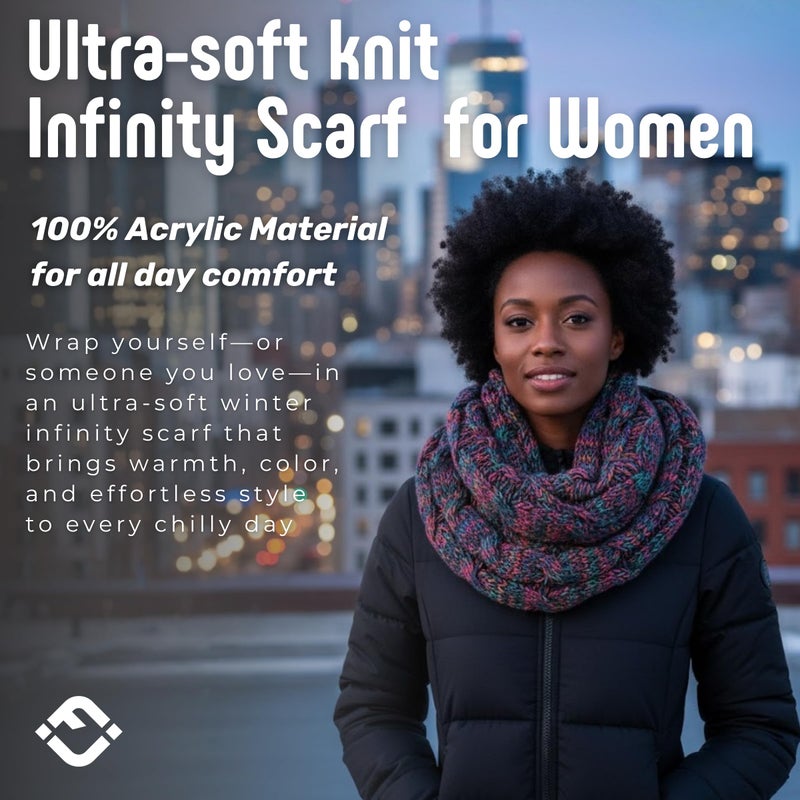 Funky Junque Infinity Scarf for Women â€“ Oversized Wrap, Chunky Layer, Colorful Sweater Accessory, Winter Styles, Fall Fashion - Jet Black Kaleidoscope Tricolor Mix - Image 4